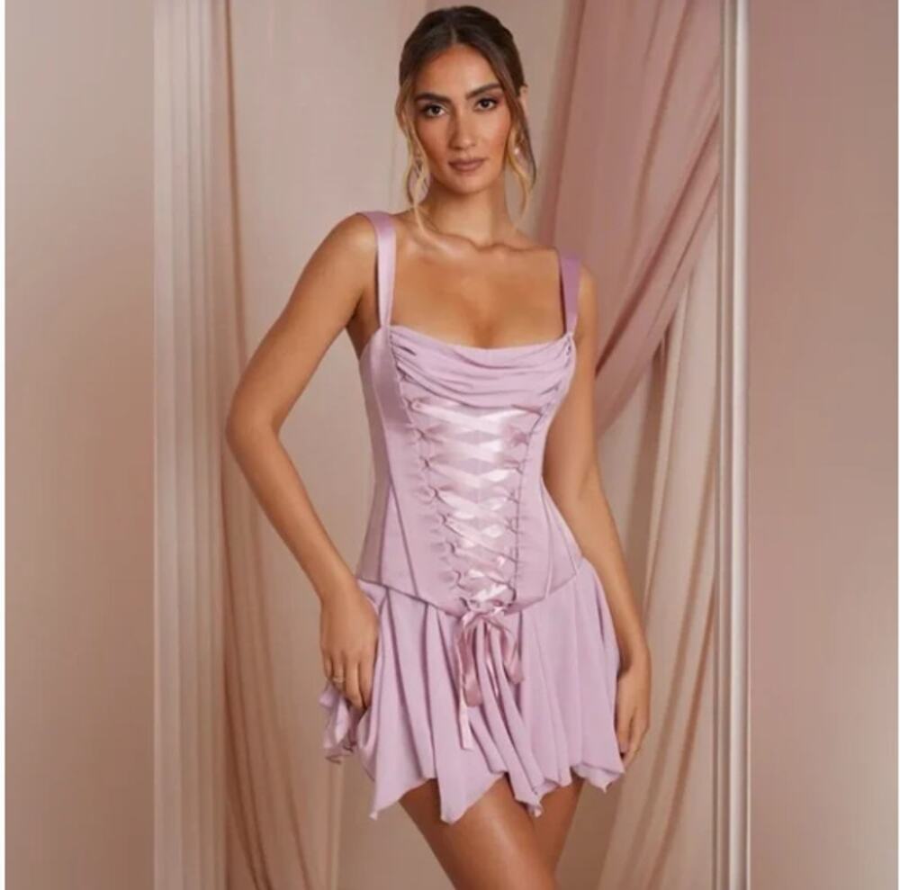 Oh Polly Maribel Lace Up Corset Mini Dress Dusty Pink A-Line Pleated Size US 6